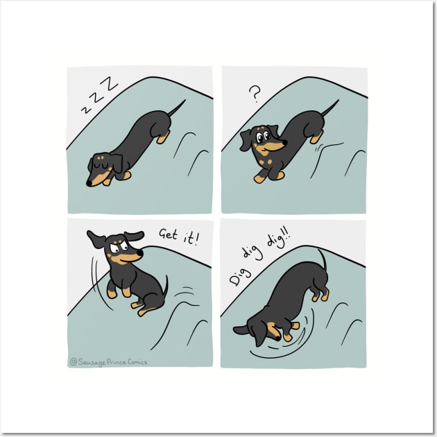 Dachshund Bed Digging - Sausage Prince Comics Wall Art by Sausage Prince Comics